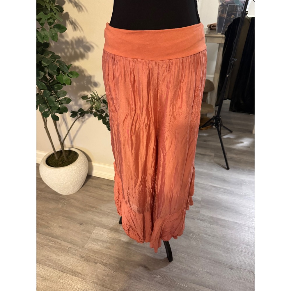 Made in Italy Silk Blend Crinkle Lagenlook Ruffle Hem Wide Leg Pants Coral capri